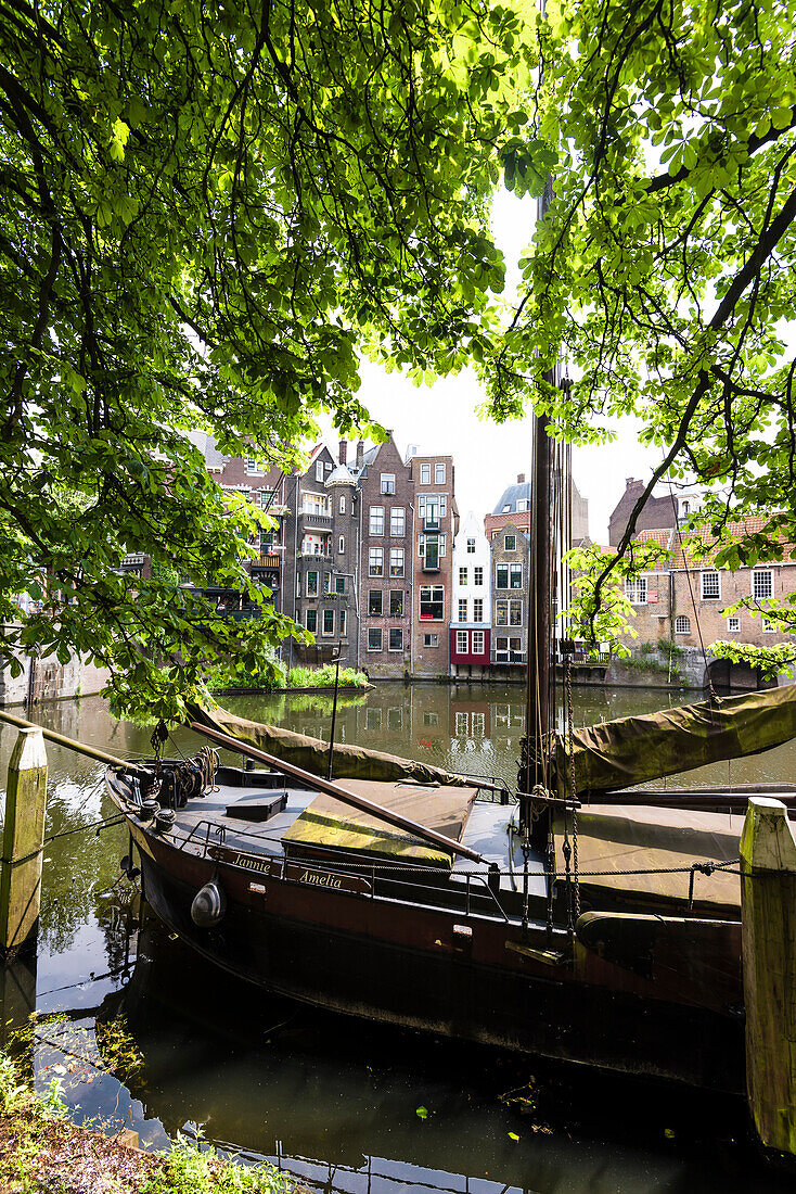 Alte Segelschiffe auf dem Kanal Aelbrechtskolk vor der Kulisse historischer Häuser am Delfshaven, Rotterdam, Provinz Südholland, Niederlande