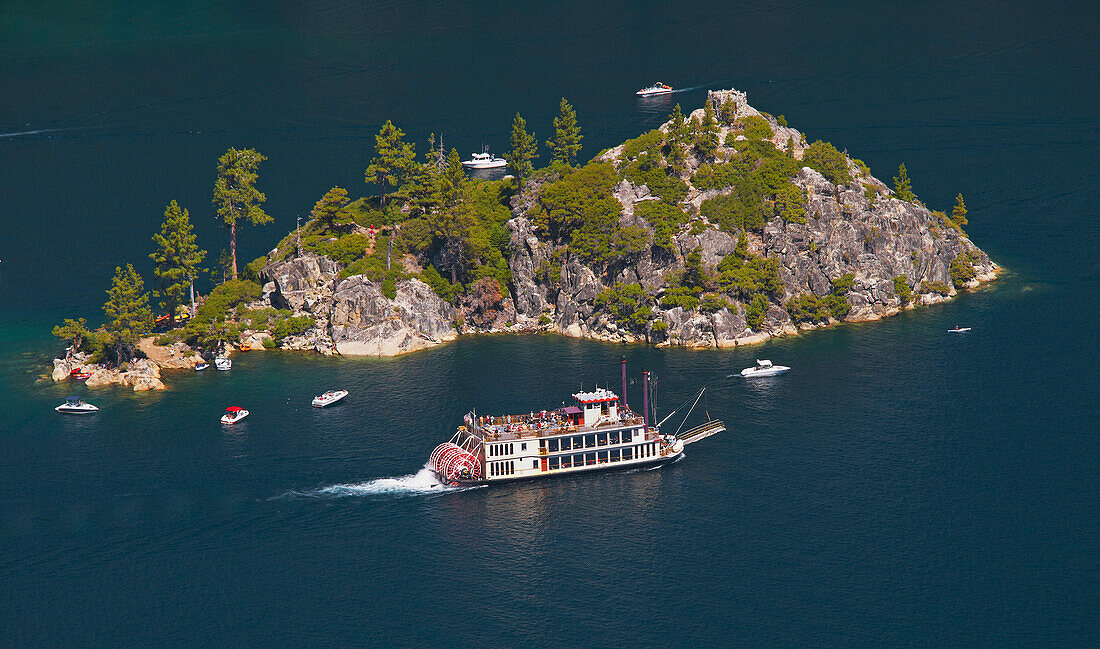 Lake Tahoe , Sternwheeler , Emerald Bay and Fannette Island , California , U.S.A. , America