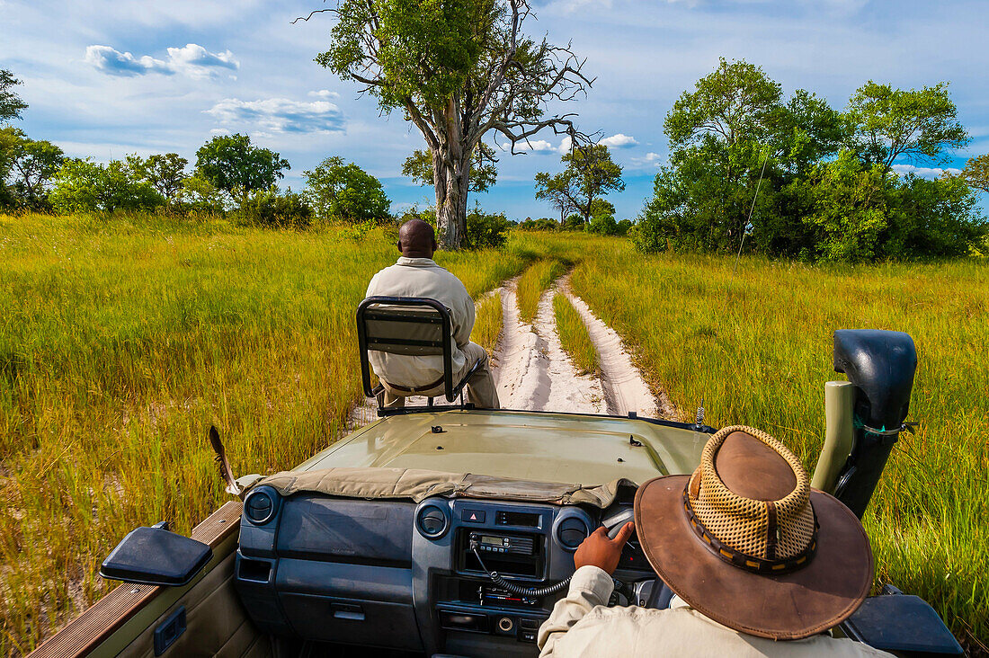 Safari vehicle, Kwara Camp, Okavango Delta, Botswana.