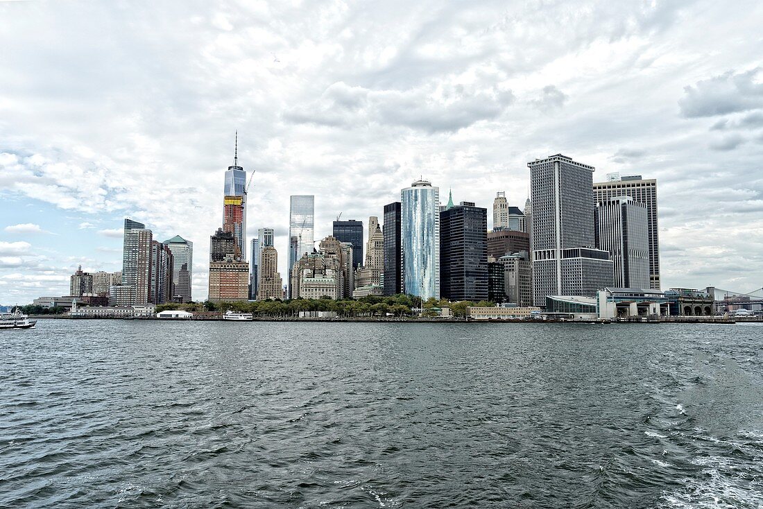 Lower Manhattan Financial District Skyline on a Cloudy Day. New York City.