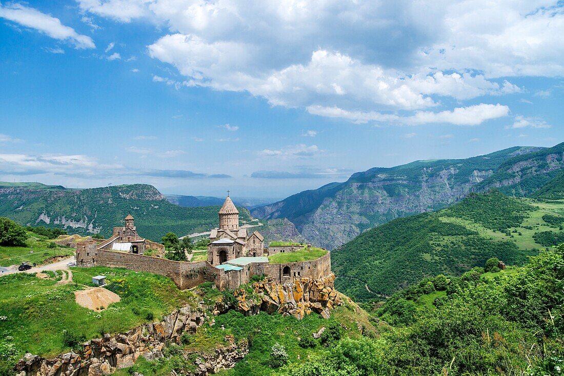 Panoramic view of Tatev monastery and Vorotan gorge in Armenia.