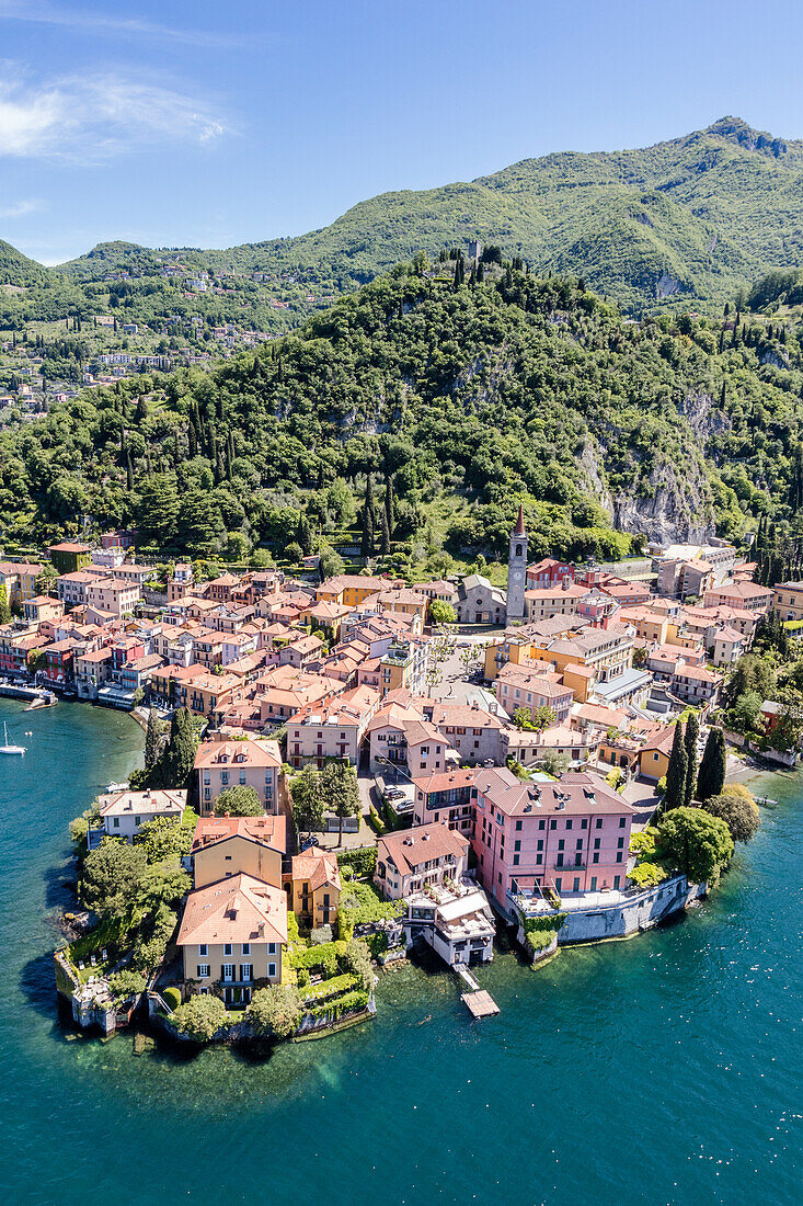 Aerial view of the picturesque village of Varenna surrounded by Lake Como and gardens, Lecco Province, Italian Lakes, Lombardy, Italy, Europe