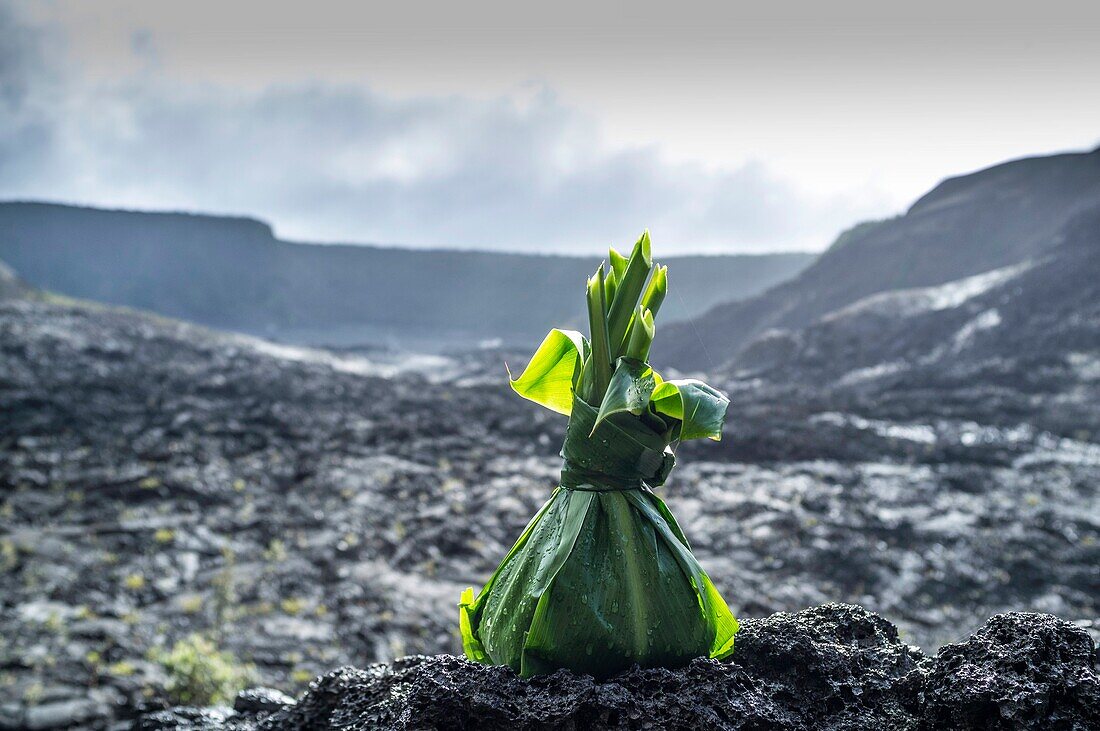 Offering to Pele left in Kilaeau Iki Crater, Volcanoes National Park, Hawaii