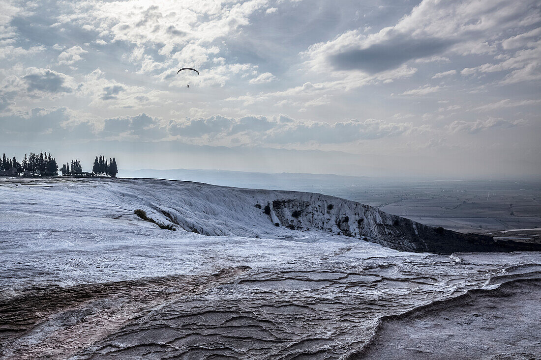 'Hot springs and travertines, terraces of carbonate minerals left by the flowing water; Pamukkale, Turkey'
