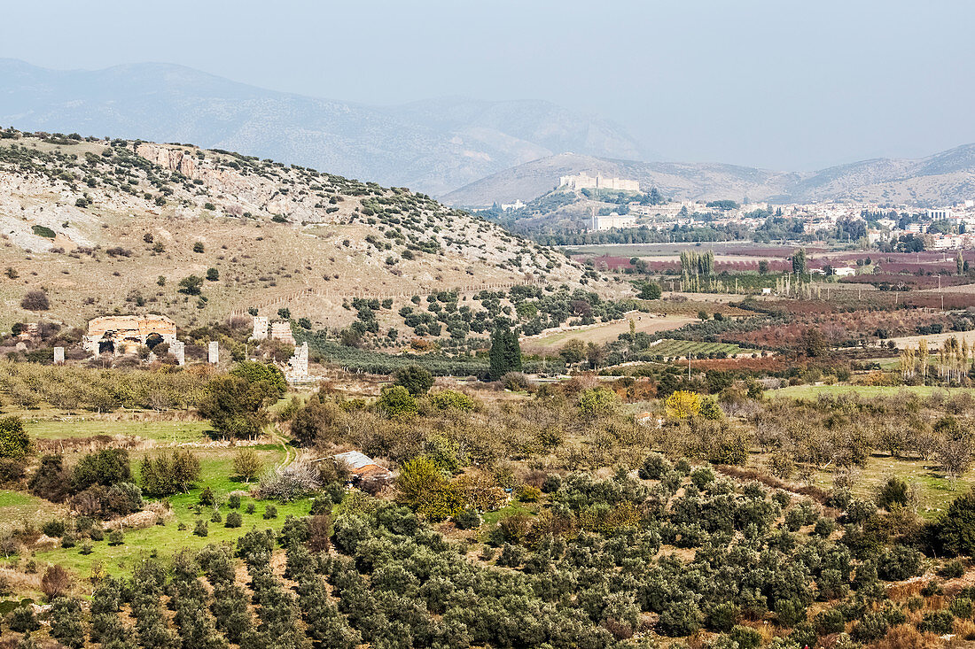 'An ancient wall and landscape of Selcuk, near the ancient city of Ephesus; Ephesus, Turkey'