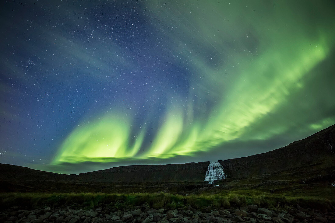 'Northern lights over Dynjandi in the Westfjord region; Iceland'