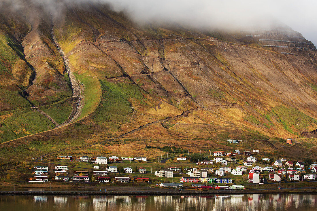 'Colorful houses in a village along the coast; Siglufjordur, Iceland'