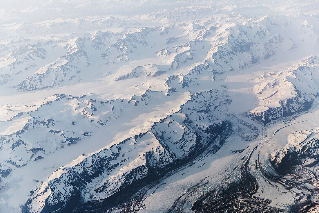 Aerial view of snow covered mountains and glaciers in the Coastal Range, Southeast Alaska, USA, Summer