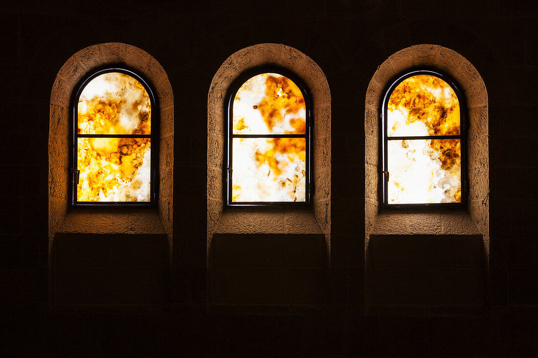 'Three arched windows in a church; Tabgha, Israel'