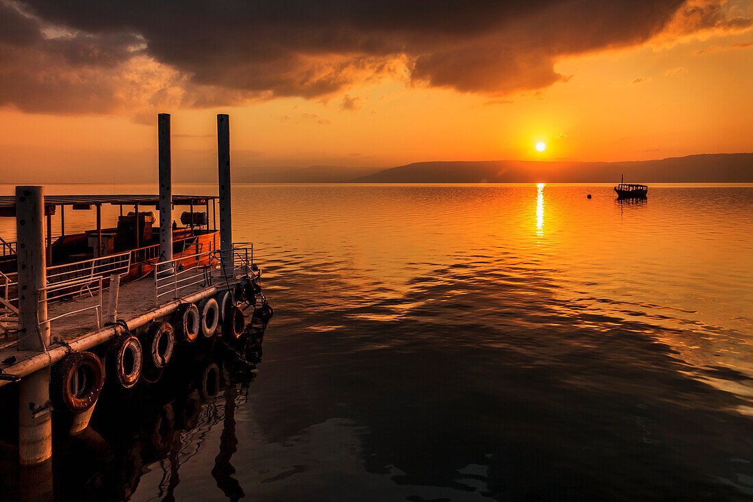 'A calm settles on the Sea of Galilee, just after a storm; Galilee, Israel'