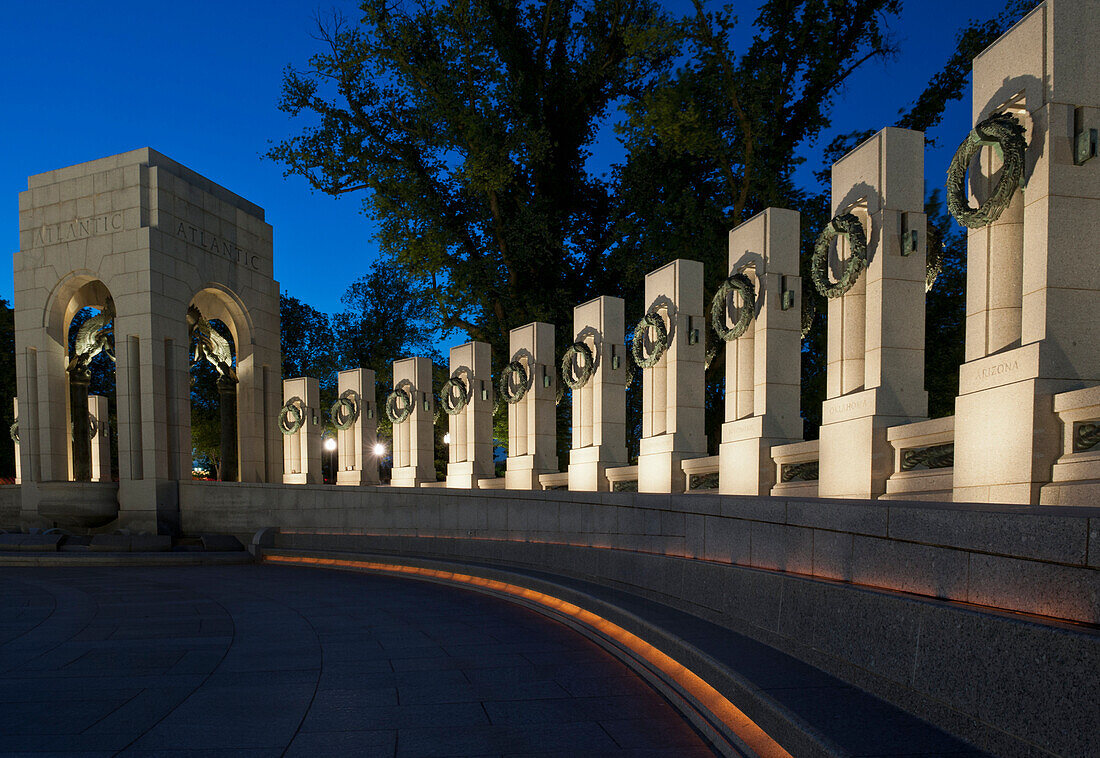 'World War II Memorial at twilight; Washington, District of Columbia, United States of America'