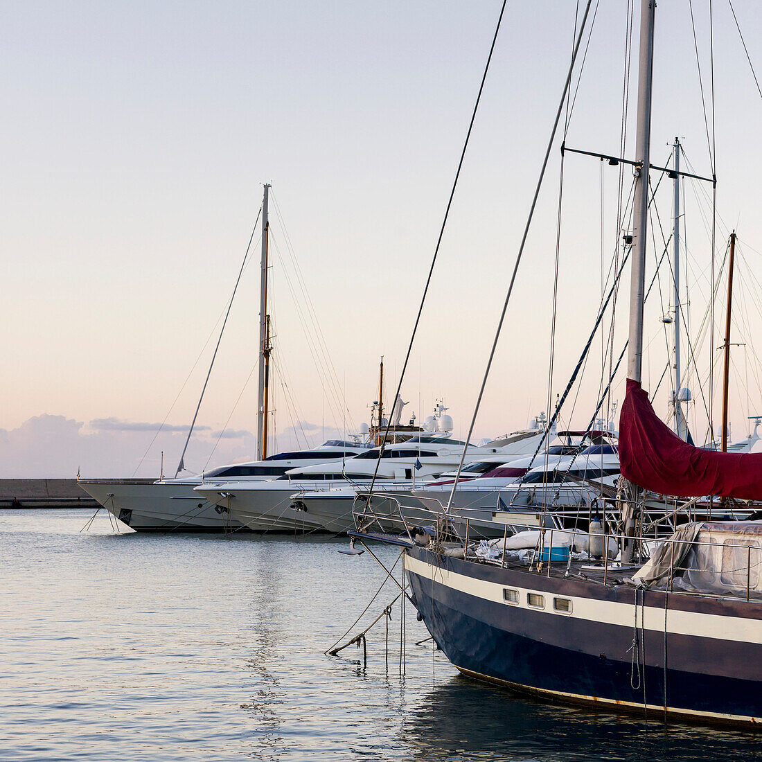 'A row of yachts moored in a harbour; Ischia, Italy'