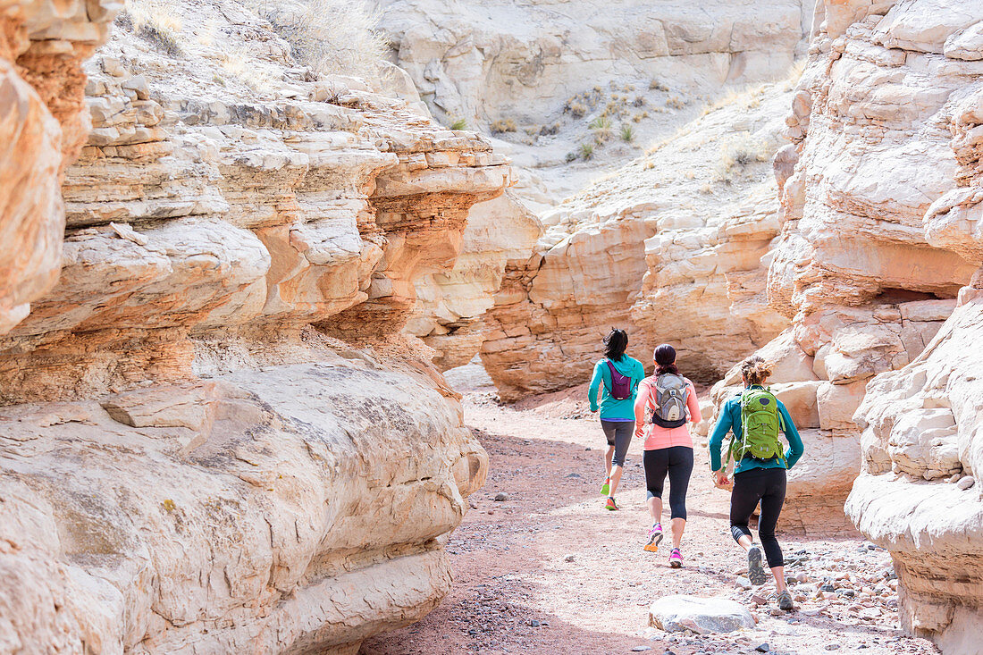 Women running in canyon wearing backpacks