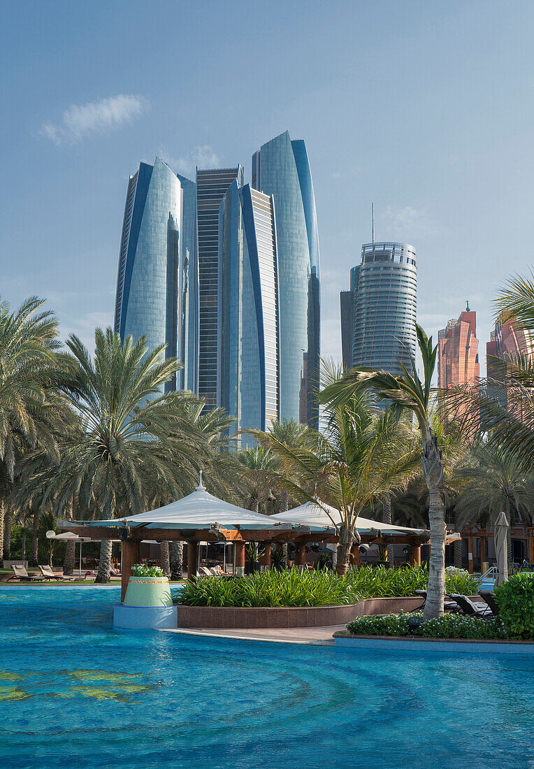 Waterfront near modern highrises, Abu Dhabi, Abu Dhabi Emirate, United Arab Emirates