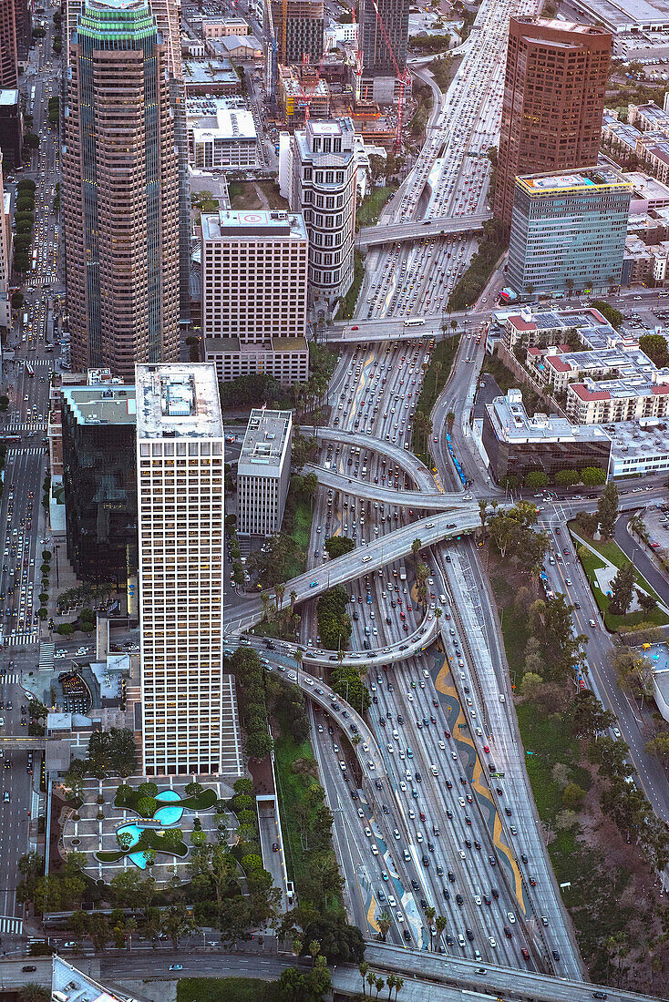 Aerial view of highway in Los Angeles cityscape, California, United States