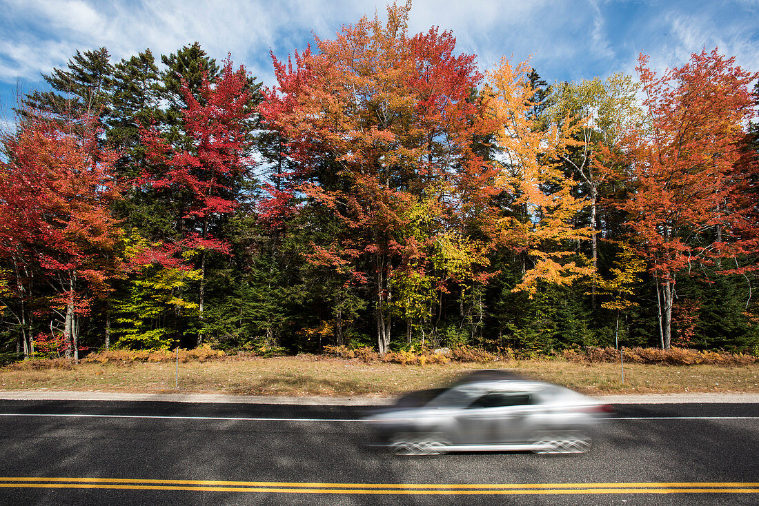 A red car driving through New Hampshire's bright and colorful fall foliage.