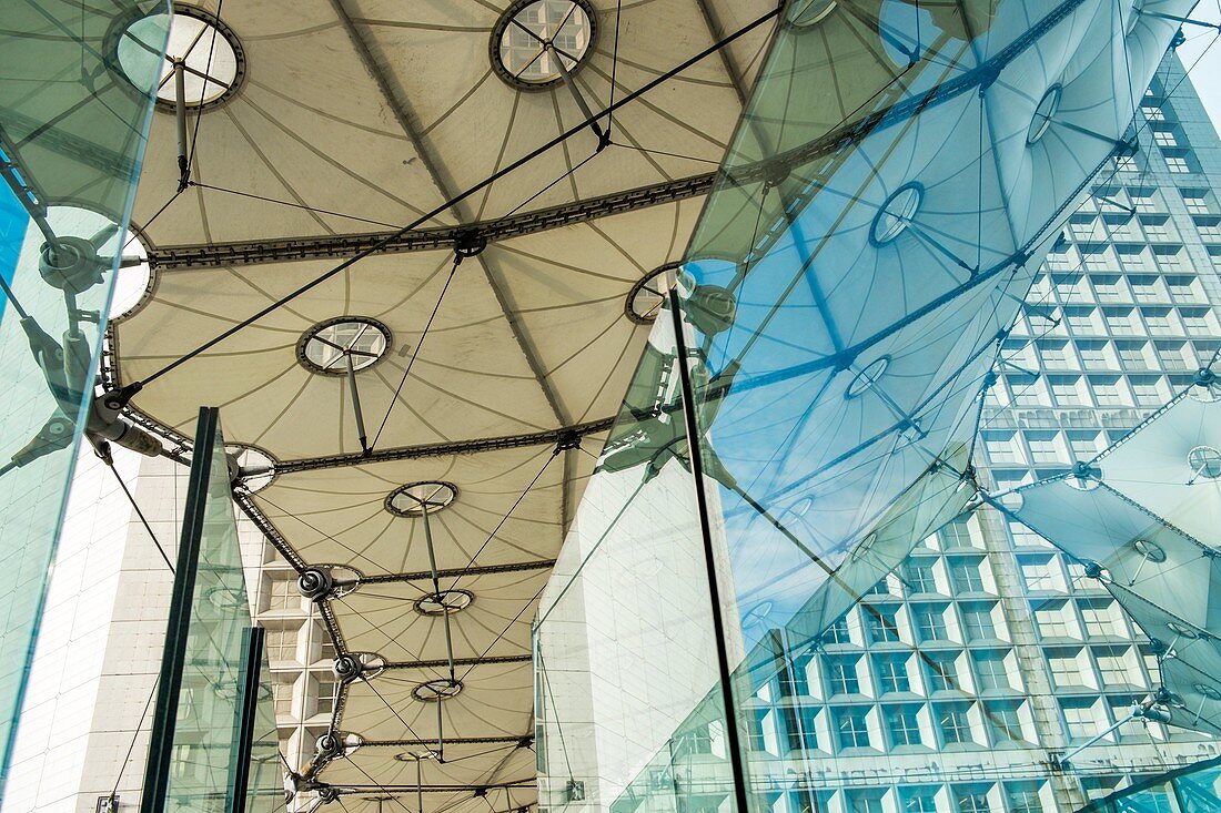 Grand Arch in most important business district La Defense in Paris, France. Project to build the Arch was supported by French president Mitterrand.