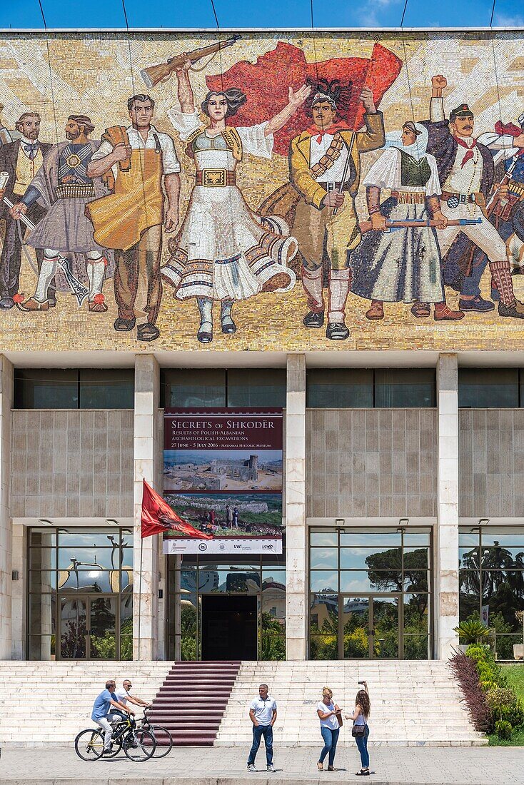 The Mosaic mural above the entrance to the National Historical Museum on Skanderbeg Square, Tirana, Albania,.