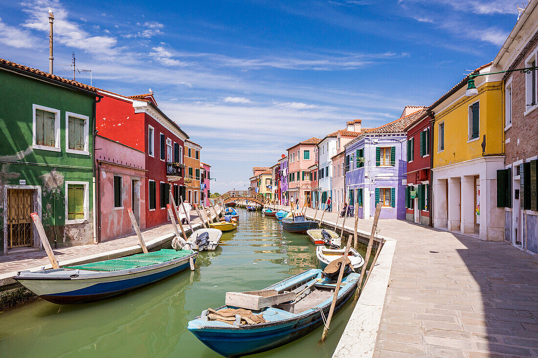 Coloured houses at the Rio Ponticello in village of Burano, Burano Lagoon Island, Veneto, Italy, Europe.