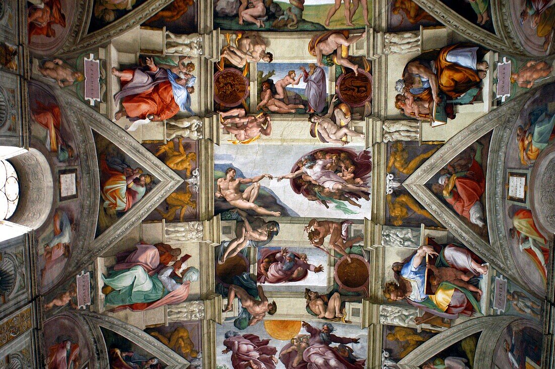 Ceiling of Sistine Chapel Vatican museum Rome Italy. The Creation of Adam by Michelangelo on the ceiling of the Sistine Chapel in the Vatican Museum.