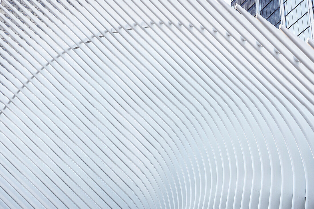 elements in detail of the Oculus which is a futuristic train station by famous architect Santiago Calatrava next to WTC Memorial, Manhattan, New York City, USA, United States of America