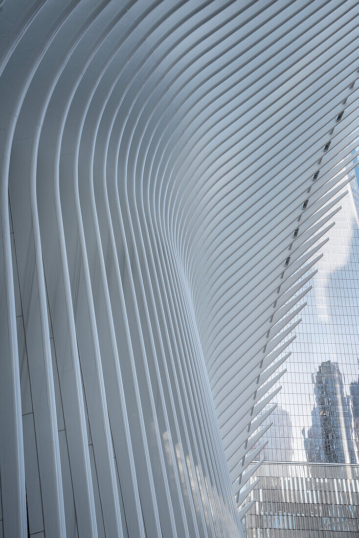the Oculus is a futuristic train station by famous architect Santiago Calatrava next to WTC Memorial, Manhattan, New York City, USA, United States of America