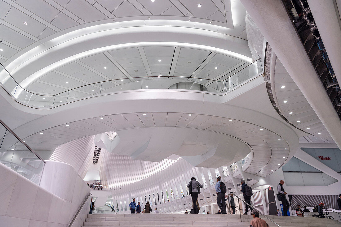 interior of the Oculus, a futuristic train station by famous architect Santiago Calatrava next to WTC Memorial, Manhattan, New York City, USA, United States of America