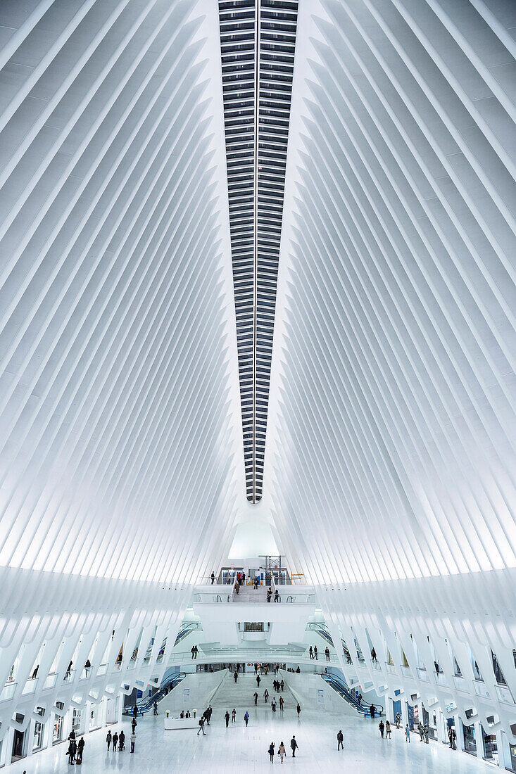 the Oculus, view down at passengers, futuristic train station by famous architect Santiago Calatrava next to WTC Memorial, Manhattan, New York City, USA, United States of America