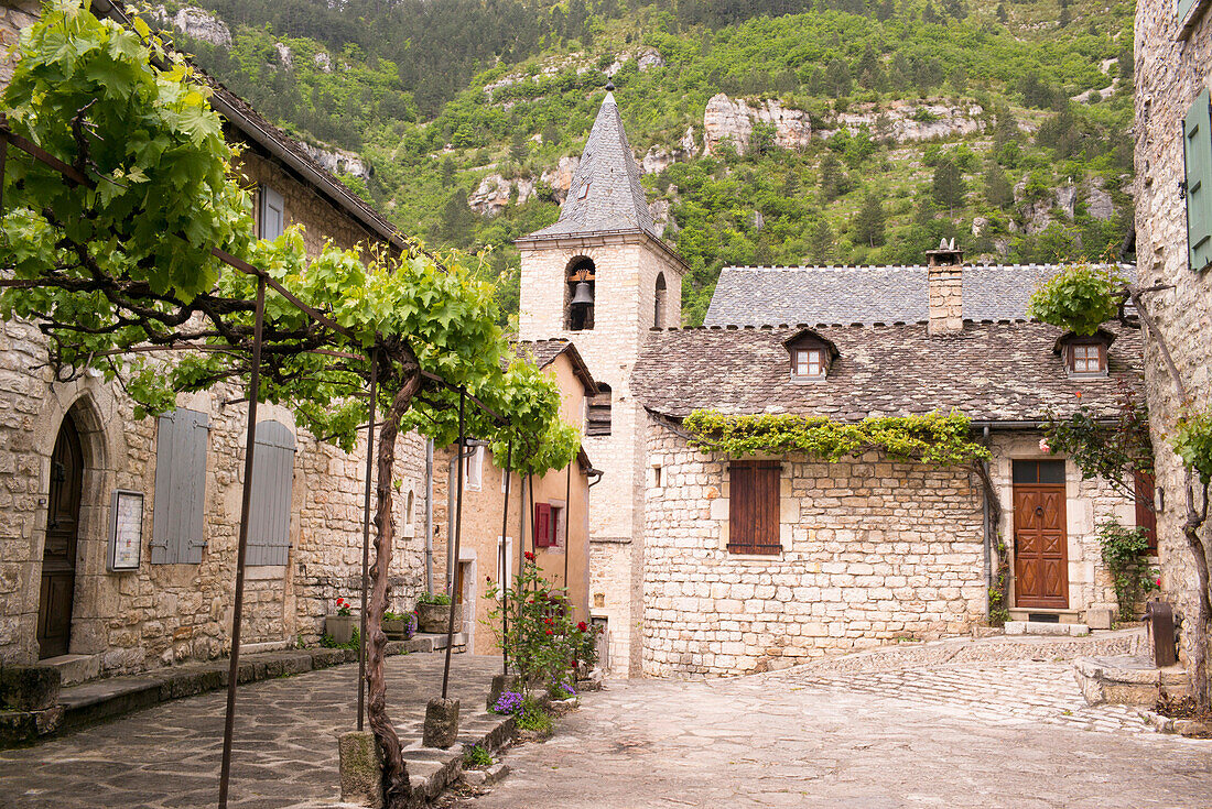 Square in Sainte-Enimie,  Gorges du Tarn,  Lozère,  Occitanie,  France