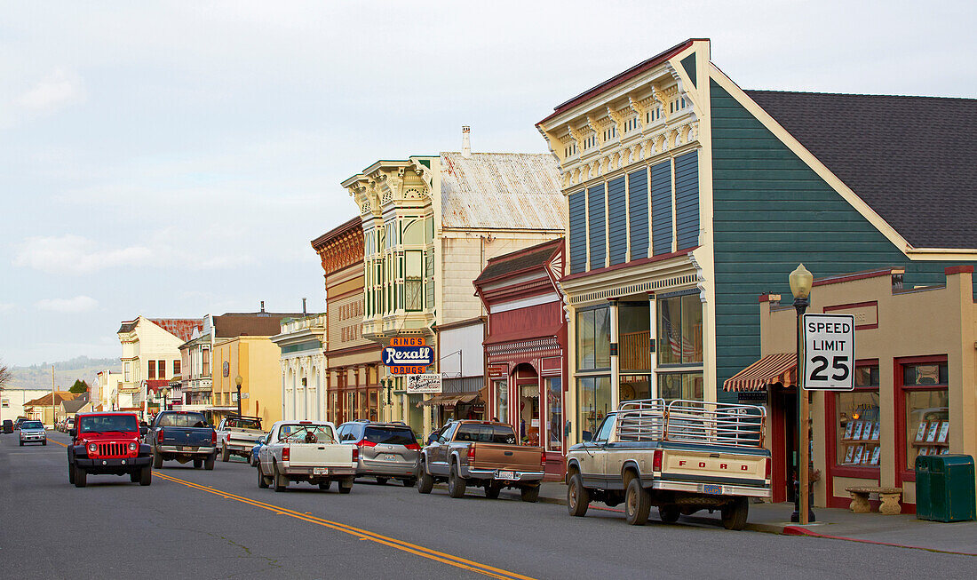 Historic Old Town of Ferndale partially with Victorian houses , California , USA