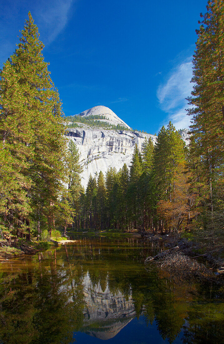 View at Merced River and North Dome , Yosemite Valley , Yosemite National Park , Sierra Nevada , California , U.S.A. , America
