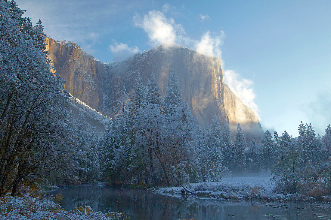 View at Merced River and El Capitan with snow , Yosemite Valley , Yosemite National Park , Sierra Nevada , California , U.S.A. , America