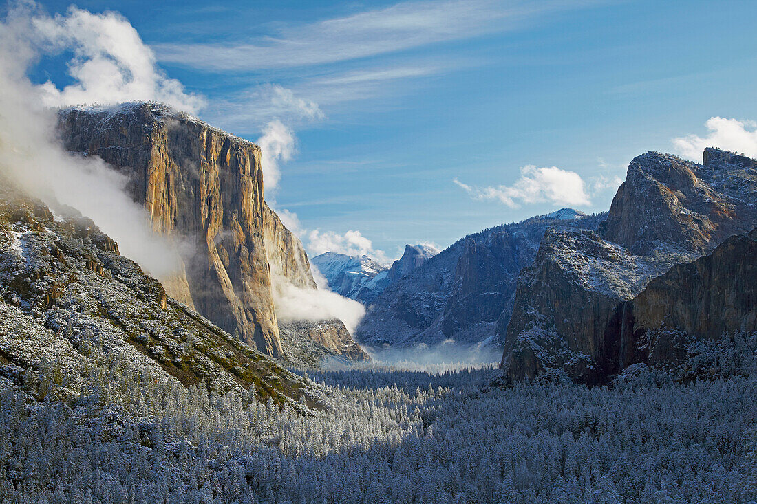 View from Tunnel View at Yosemite Valley , Half Dome , El Capitan , Bridalveil Fall , Snow , Yosemite National Park , Sierra Nevada , California , U.S.A. , America