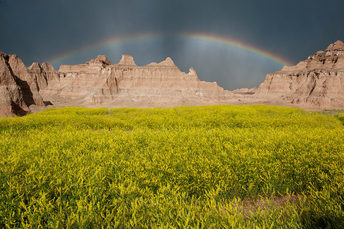 Rainbow over buttes in Badlands National Park, South Dakota, USA