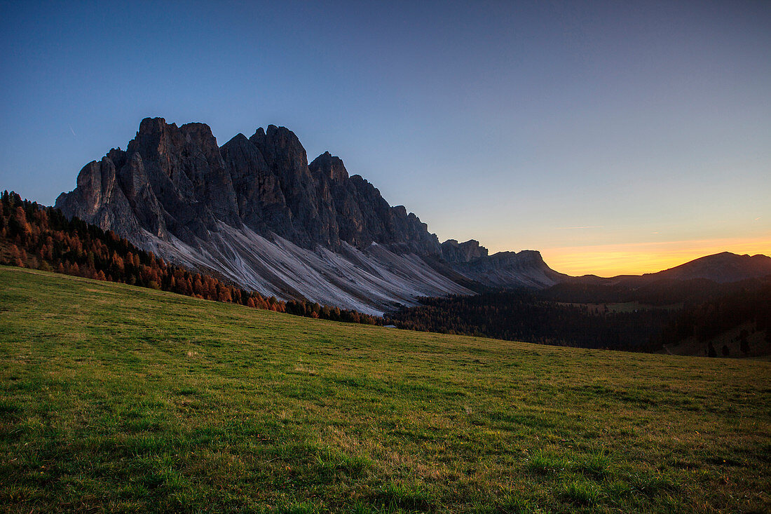 Funes valley, the last light on the Odle group at malga Gampen, Trentino Alto Adige, Italy