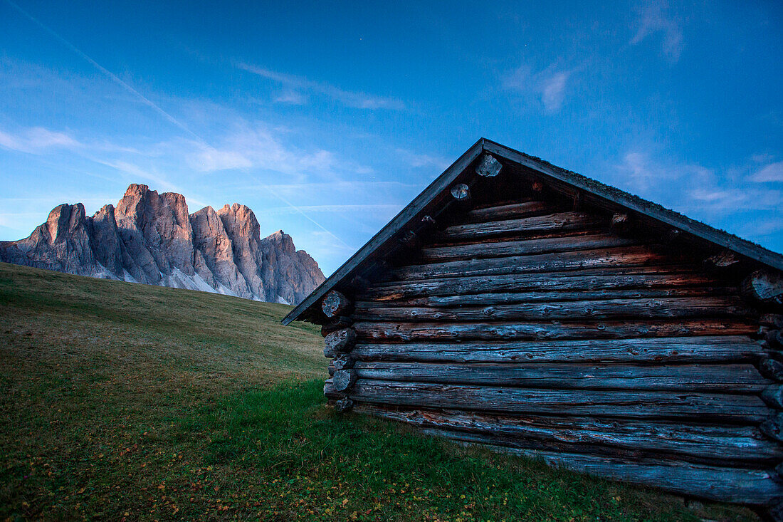 First light at malga Gampen, in the background the Odle group, Trentino Alto Adige, Italy