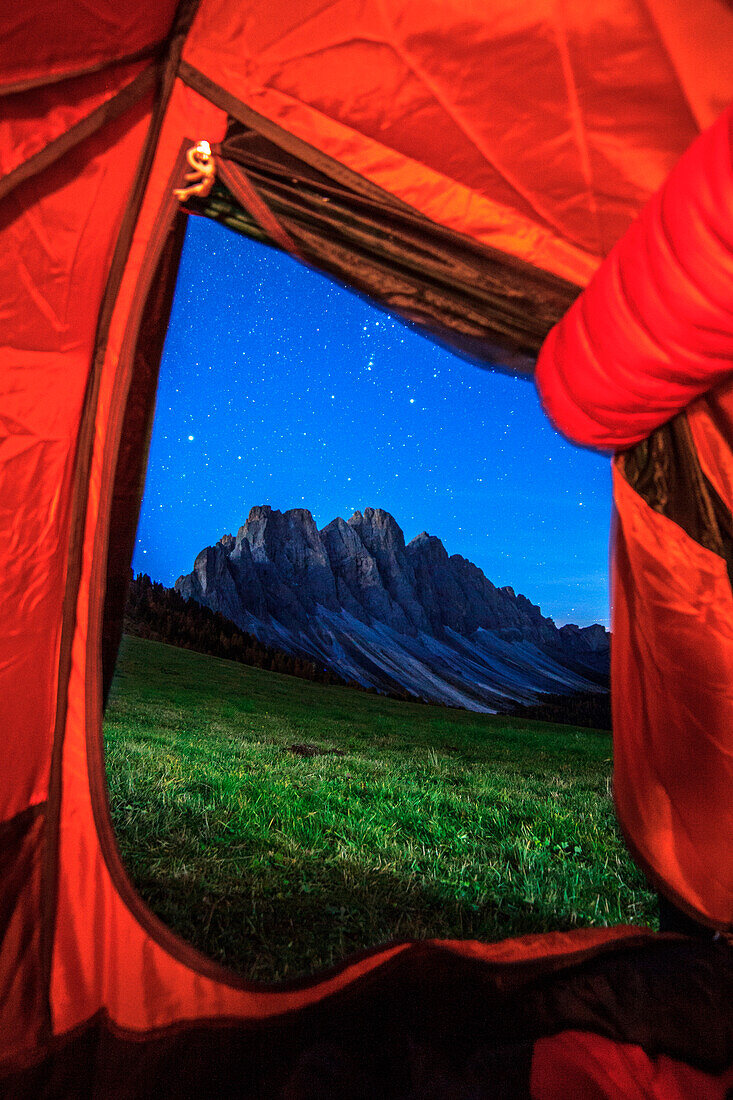 Malga Gampe, Odle group by night seen from the tent, Funes valley, Trentino Alto Adige, Italy