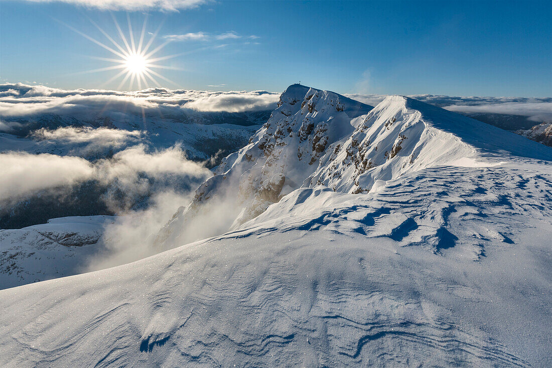 Europe, Italy, Belluno, Cortina d' Ampezzo, Dolomites. The snowy ridges on the Piccolo Lagazuoi mountain