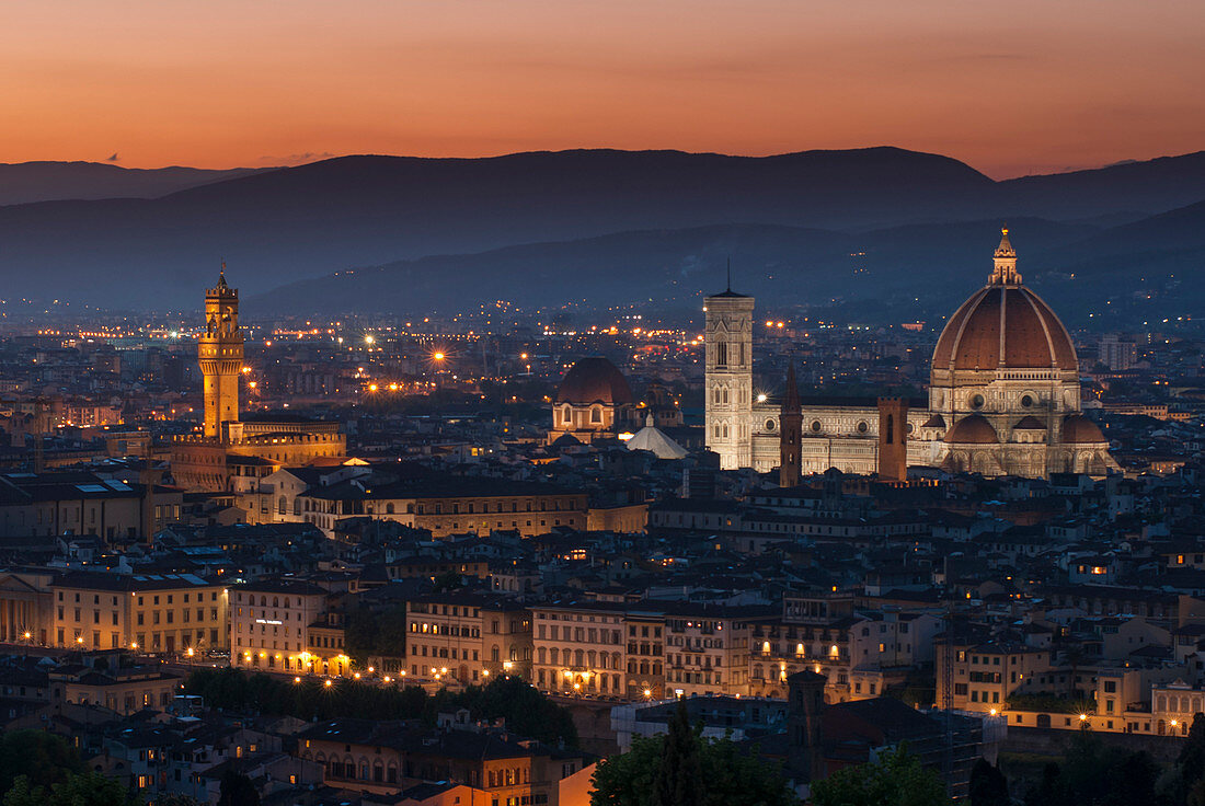 The Duomo of Florence and Palazzo Vecchio at sunset, Florence, Tuscany, Italy, Europe