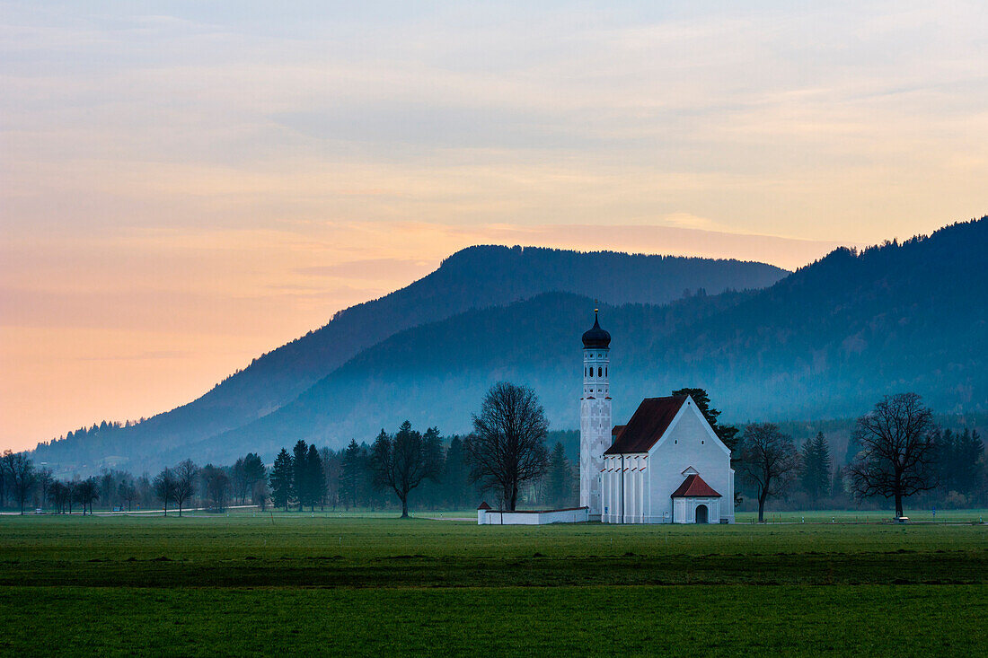 Church, Schwangau, Federal State of Bavaria, Germany. Saint Coloman chapel at dawn.