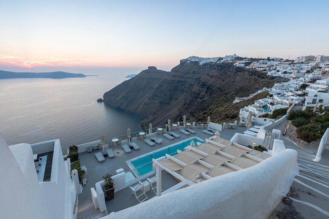 The Aegean Sea seen from the terrace of a resort built with typical Greek style Firostefani Santorini Cyclades Greece Europe