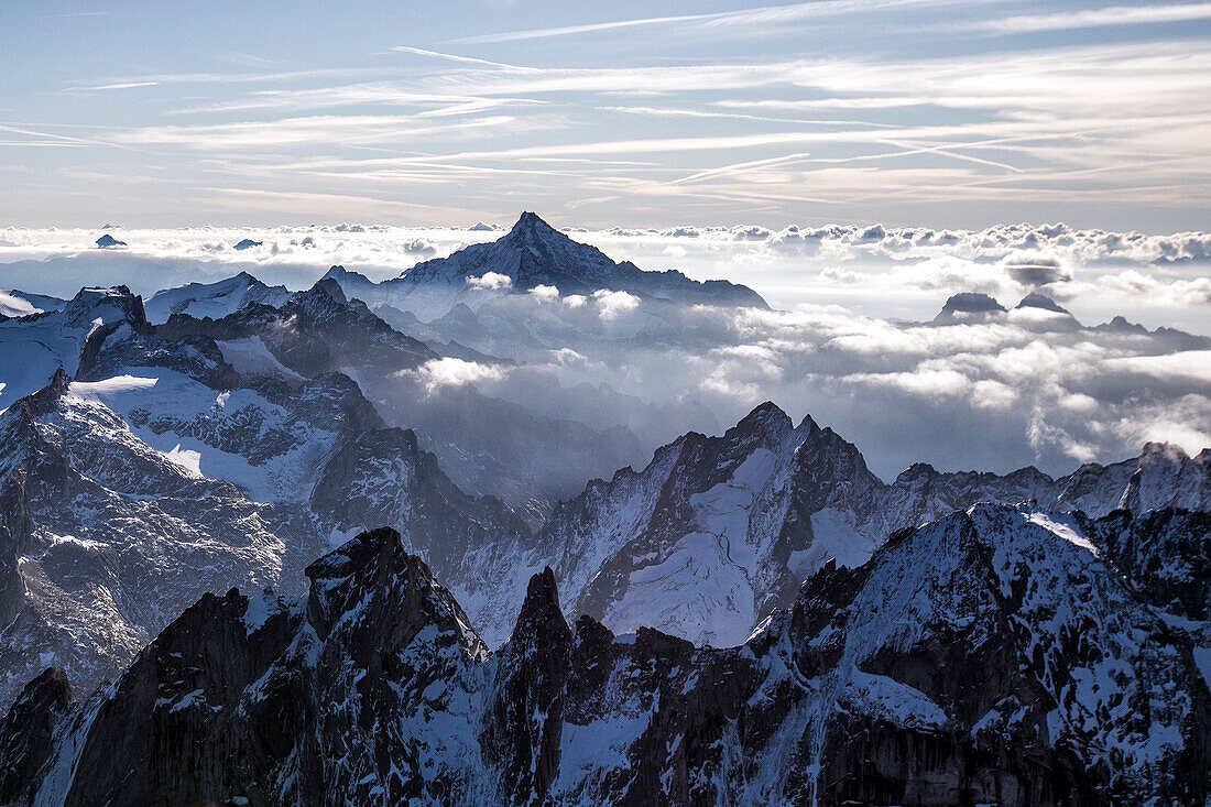 Aerial view of the Sciore mountain range and Mount Disgrazia. Bregaglia Valley and Masino Valley. Border Italy Switzerland Europe