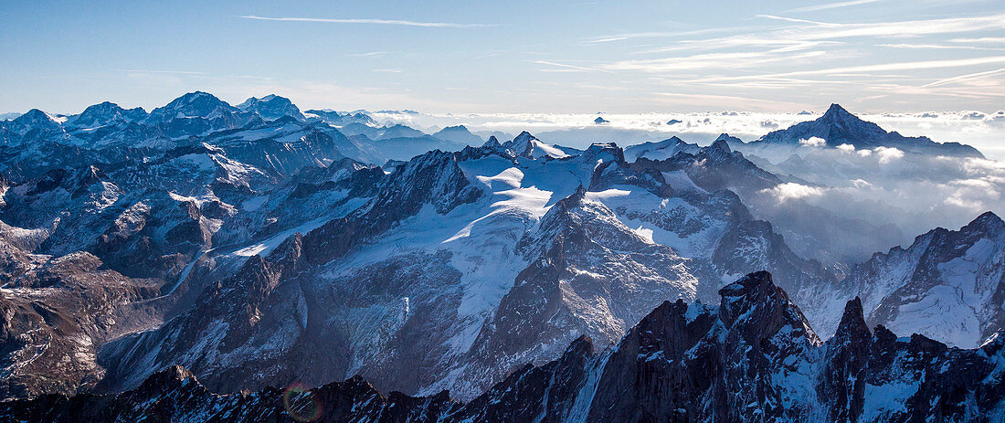 Aerial view of the Sciore mountain range and Mount Disgrazia. Bregaglia Valley and Masino Valley. Border Italy Switzerland Europe