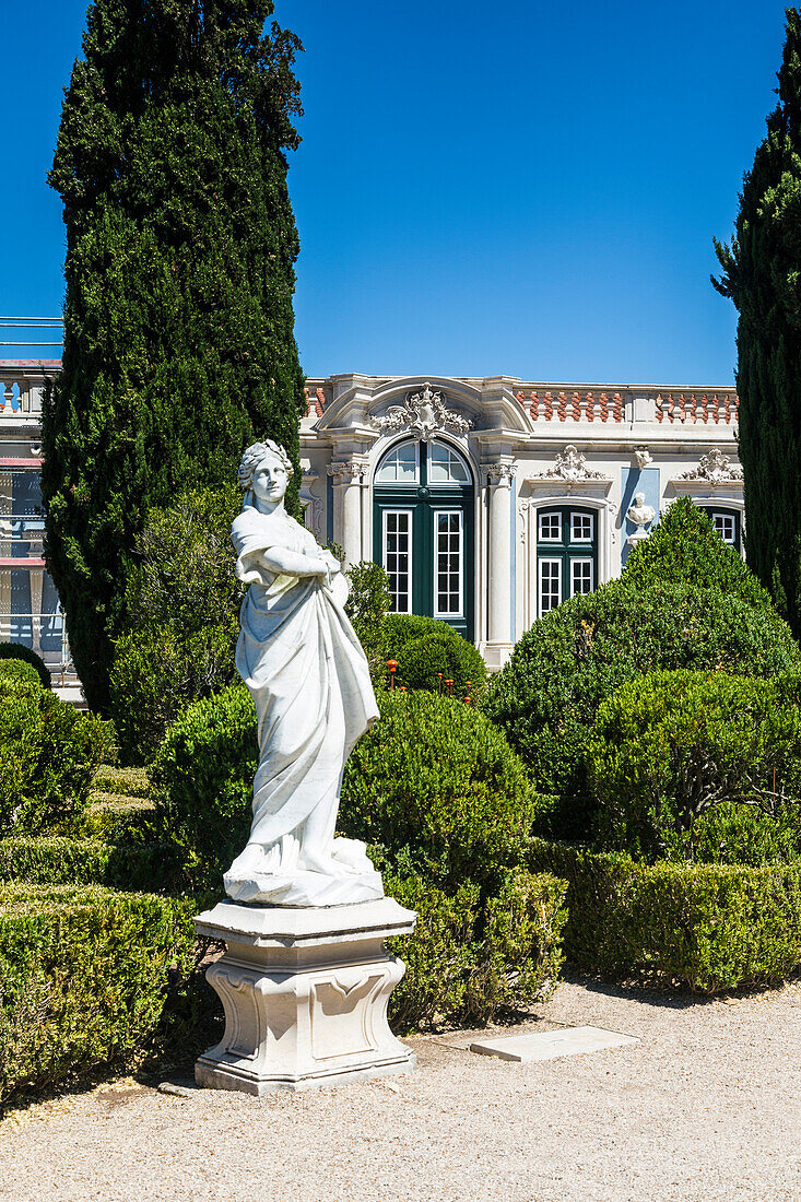 The gardens of the royal residence of Pal?ício de Queluz surrounded by sculptures and statues Lisbon Portugal Europe