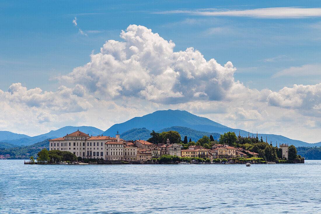 View of Isola Bella from the shore of Baveno in a spring day, Piedmont, Italy.