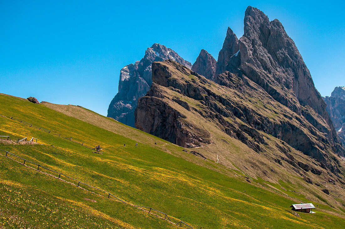 Landscape on the Seceda mountains with great views of the rocky peaks. Dolomiti, Trentino Alto Adige, Italy.
