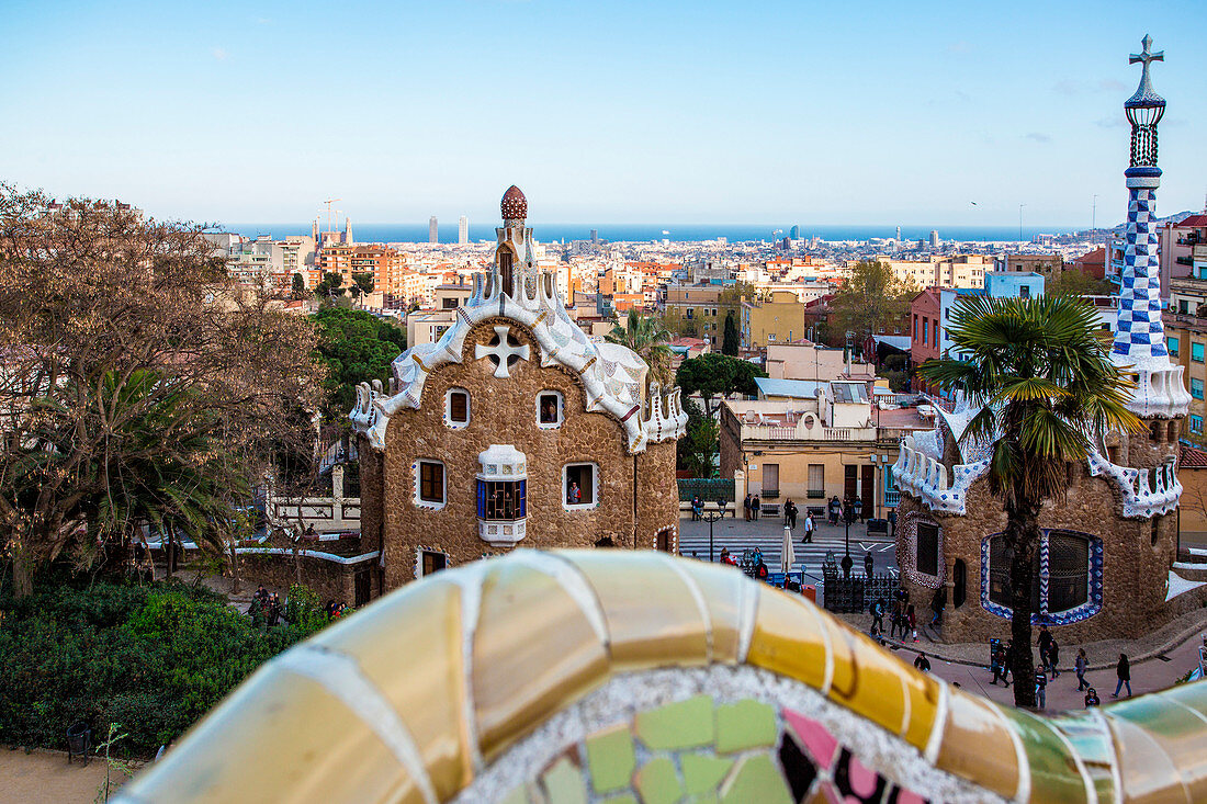 Barcelona, Park Guell, Spain. details of the modernism park designed by Antonio Gaudi