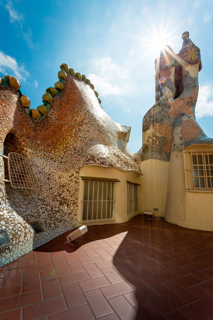 Barcelona, Spain, Casa Batlo rooftop details, chimney designed by Antonio Gaudi