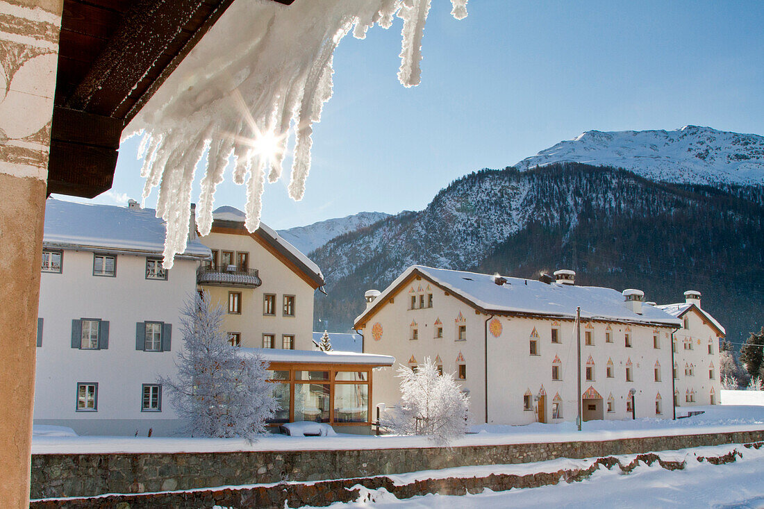 Europe, Switzerland, Engadin. Winter frozen landscape of La Punt, Swiss Alps