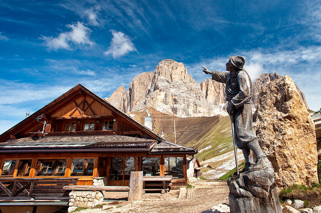 'The Friedrich August hut along the trail ''Federico Augusto'', named by the king of Sassonia, which was guest at Siusi in the years 1904 to 1914. By taking the easy Federico Augusto path, one can circumscribe the whole perimeter of the Sassolungo Group, 